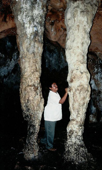 Lithophones occur in caves around the world, not only in Europe. Here, two resonant calcite deposits in the Mayan ritual cave of Loltun, Yucatan, are being struck.