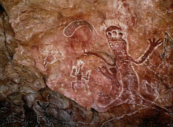 It has been found that percussive sounds reflect back in highly focused ways from rock art painted on curved surfaces, like this Aboriginal painting in a rock shelter in the Kimberley, Australia.