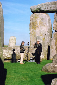 Keating (left) and Watson with their equipment at Stonehenge. They mapped how sound could travel through the monument, passing unhindered along certain axes but being blocked in certain other areas. In the process, they noted that the inner surfaces of so