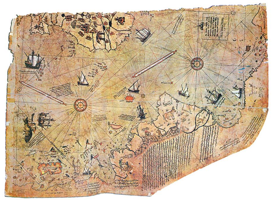 Surviving fragment of the Piri Reis map showing Central and South America shores.