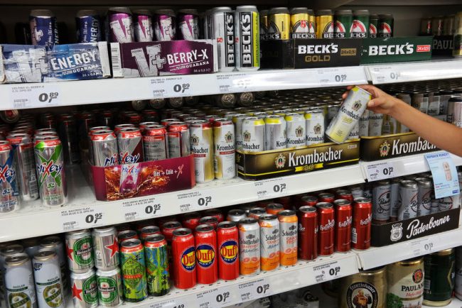 Aisle with a variety of energy drinks – Europe.