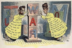 An 1898 cartoon features newspaper publishers Joseph Pulitzer and William Randolph Hearst dressed as a cartoon character of the day, a satire of their papers’ role in drumming up U.S. public opinion for war by Leon Barritt (Wikimedia)