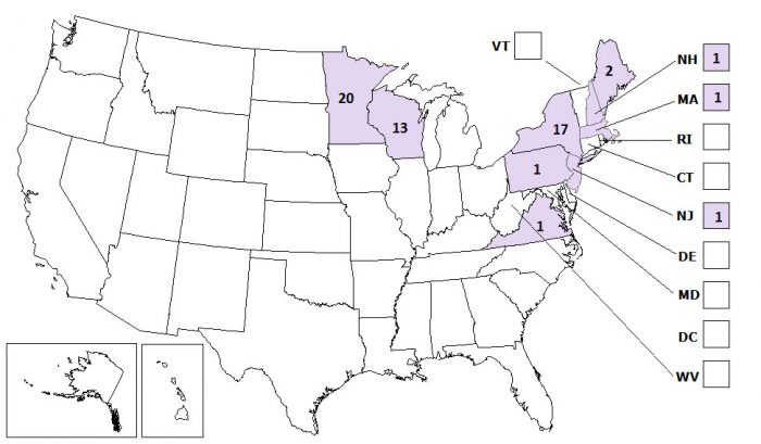 Powassan virus neuroinvasive disease cases reported by state, 2004–2013