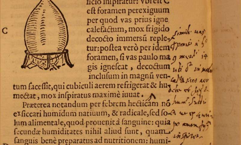 Santorio's marginal note to col. 406C-D, in Santorio Santori, Commentaria In Primam Fen Primi Libri Canonis Avicennae (Venice, 1625), British Library, 542.h.11. Credit: Santorio's marginal note to col. 406C-D  Read more at: https://phys.org/news/2017-05-v