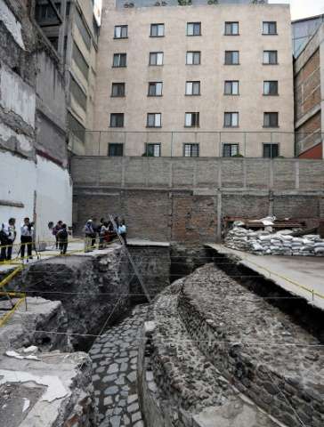 View of the archaeological site of the ancient Aztec temple of Ehecatl-Quetzalcoatl and ritual ball game recently discovered in downtown Mexico City on June 7, 2017