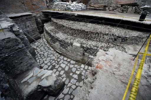 View of the archaeological site of the ancient Aztec temple of Ehecatl-Quetzalcoatl and ritual ball game recently discovered in downtown Mexico City on June 7, 2017