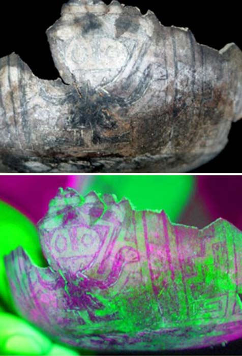 Top: Gourd painted with a god figure. Bottom: color enhanced gourd painted with a god figure.