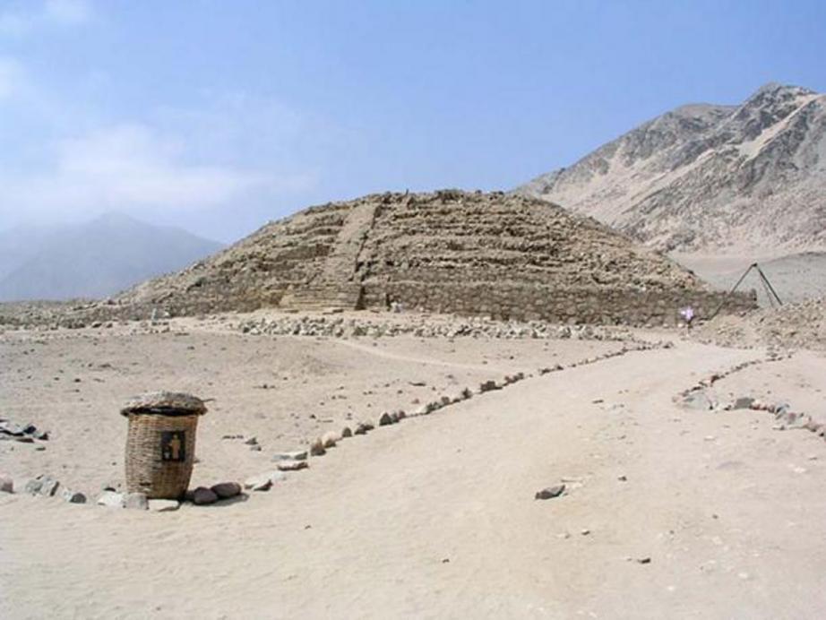 Pyramid at Caral, Supe Valley, Peru. The complexity of the Norte Chico Civilization may be seen in the monumental works that they left behind, especially their ceremonial pyramids.