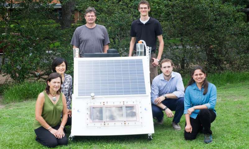 Rice University researchers (from left) Naomi Halas, Qilin Li, Peter Nordlander, Seth Pederson, Alessandro Alabastri and Pratiksha Dongare with a scaled-up test bed of the NEWT Center's direct solar desalination system. 