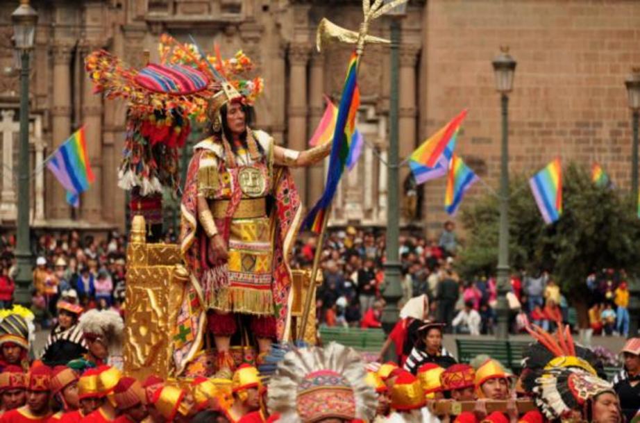 Inti Raymi celebrations in Cusco, Peru. Here an indigenous person of Peru is dressed as the Inca Emperor 