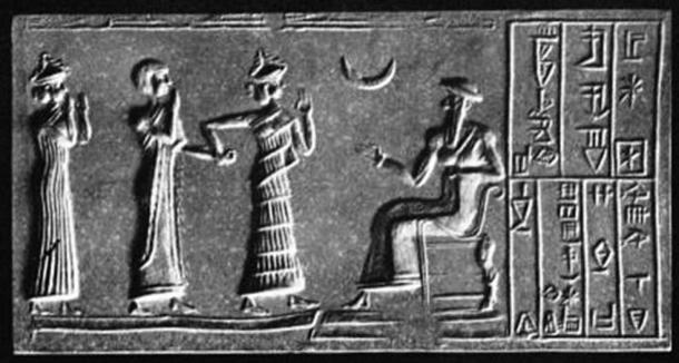 Worship of the Moon God. Cylinder-seal of Khashkhamer, patesi of Ishkun-Sin 