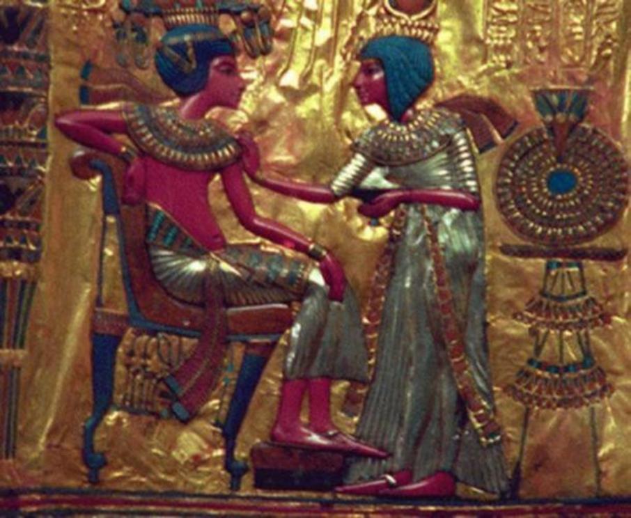 Detail; gold plate depicting Pharaoh Tutankhamun and consort, Ankhesenamun.