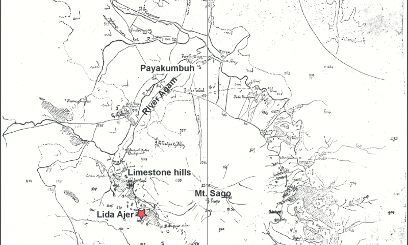 Dubois’ field sketches of Lida Ajer cave location copied directly from his field notebook. His rough sketch of the cave location close to Payakumbuh village has annotations added to make the features clearer.