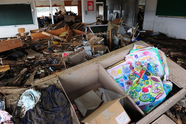 Debris in a second-floor classroom at Okawa elementary school. 