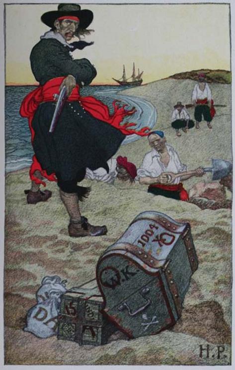 Buried Treasure: Illustration of William “Captain” Kidd overseeing a treasure burial. 