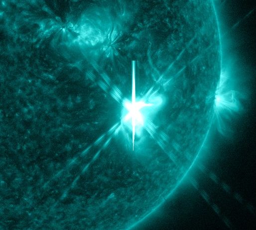 Above: The extreme UV flash from today's X9-class flare. Credit: Solar Dynamics Observatory