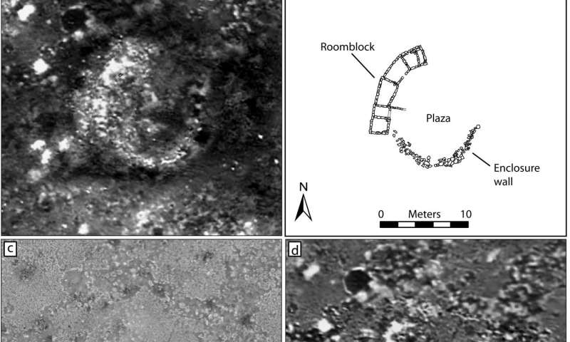  Figure 4 from the paper/File photos from 2014: A Chaco-era room block (LA 170609) at Blue J, NM as it appears in (a) 5:18 a.m. thermal image; (b) architectural plan produced by test excavations; (c) a color image, and thermal images from …more  Read more