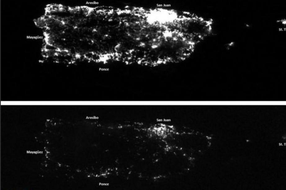 Satellite image from Jul 24 2017 shows Puerto Rico before blackout, followed by post Hurricane Maria image.