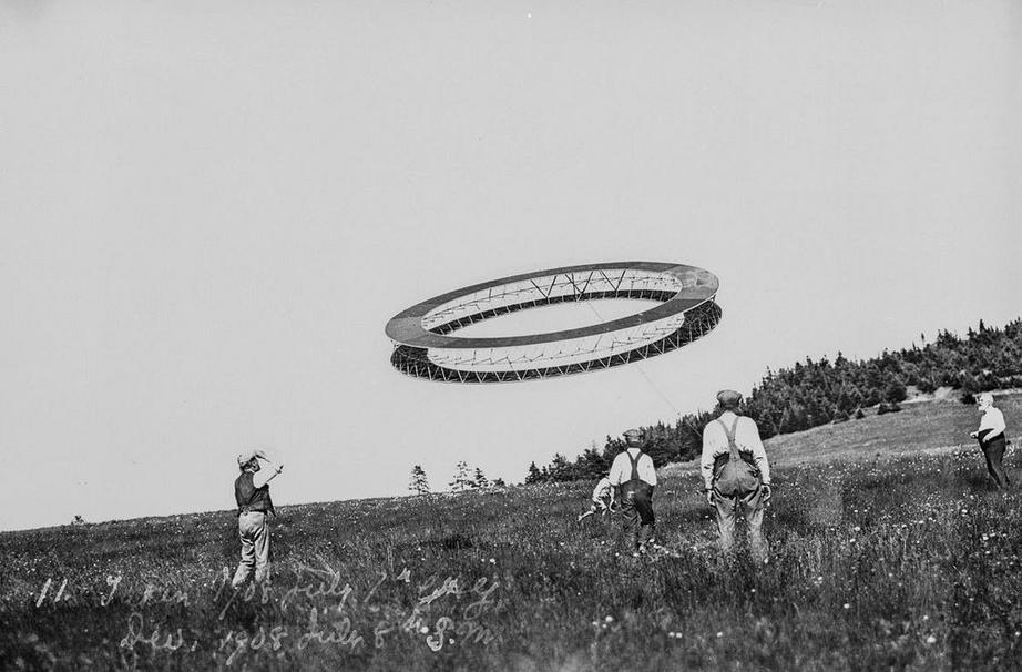 July 7, 1908. Alexander Graham Bell (right) and his assistants observe the flight of a circular tetrahedral kite.