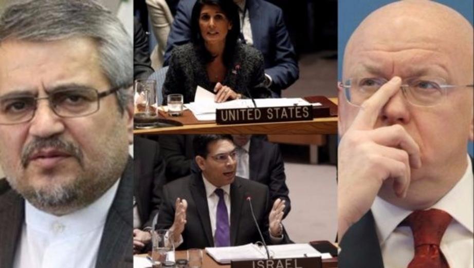 United Nations ambassadors, clockwise from top: Nikki Haley of the U.S., Vassily Nebenzya of Russia, Danny Danon of Israel and Gholam Ali Khoshroo of Iran | Photo: Reuters - AFP