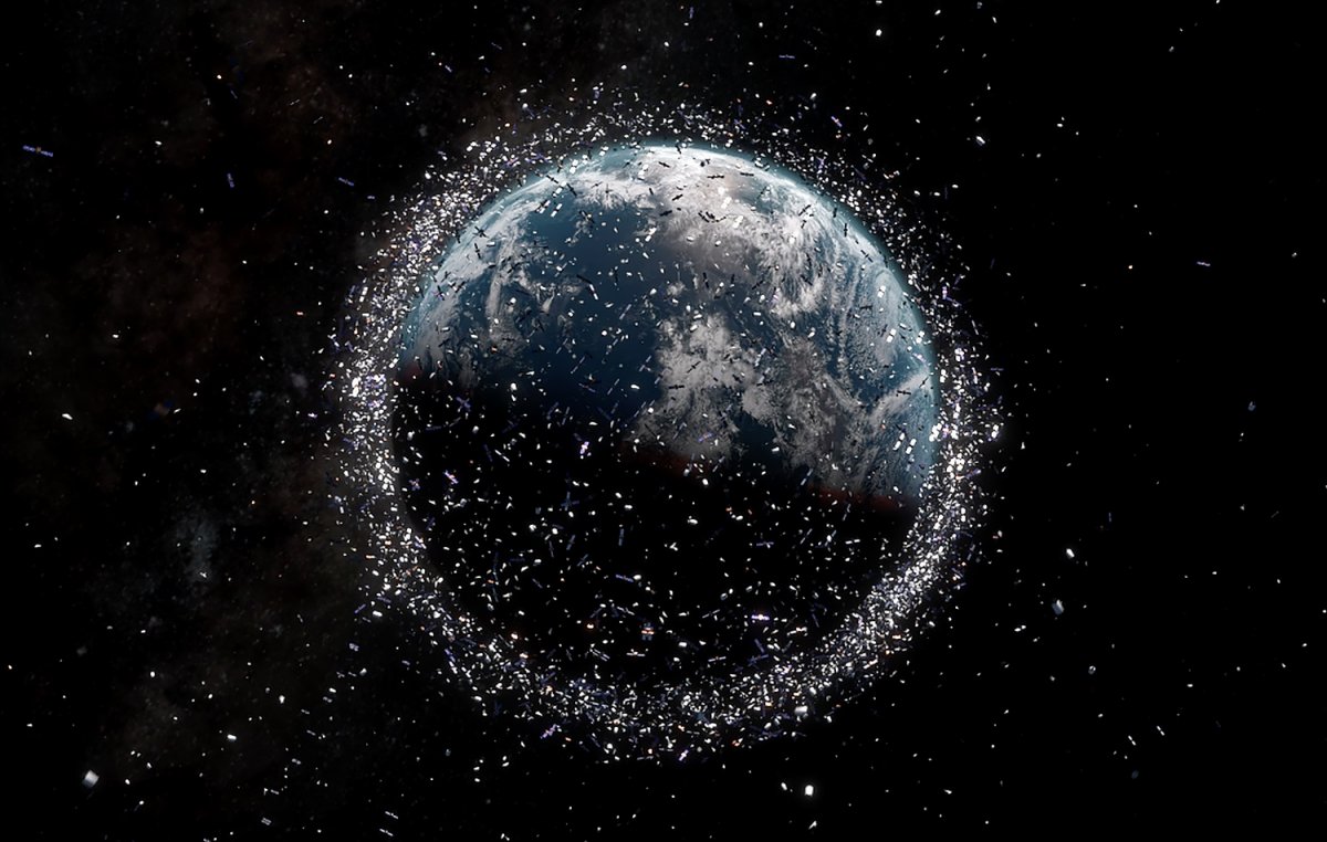 An illustration of space junk. Satellites and debris are not to scale.