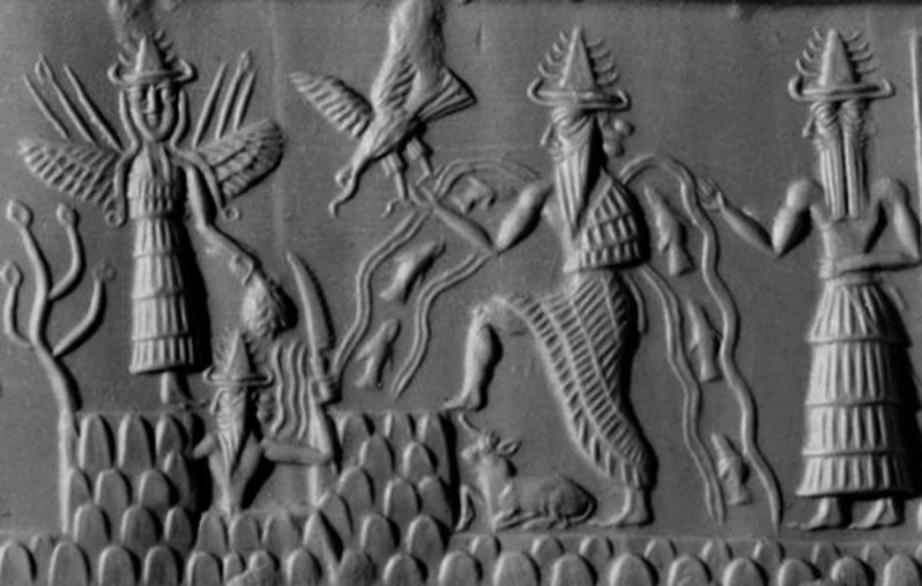 Akkadian cylinder seal dating to circa 2300 BC depicting the deities Inanna, Utu, and Enki, three members of the Anunnaki.
