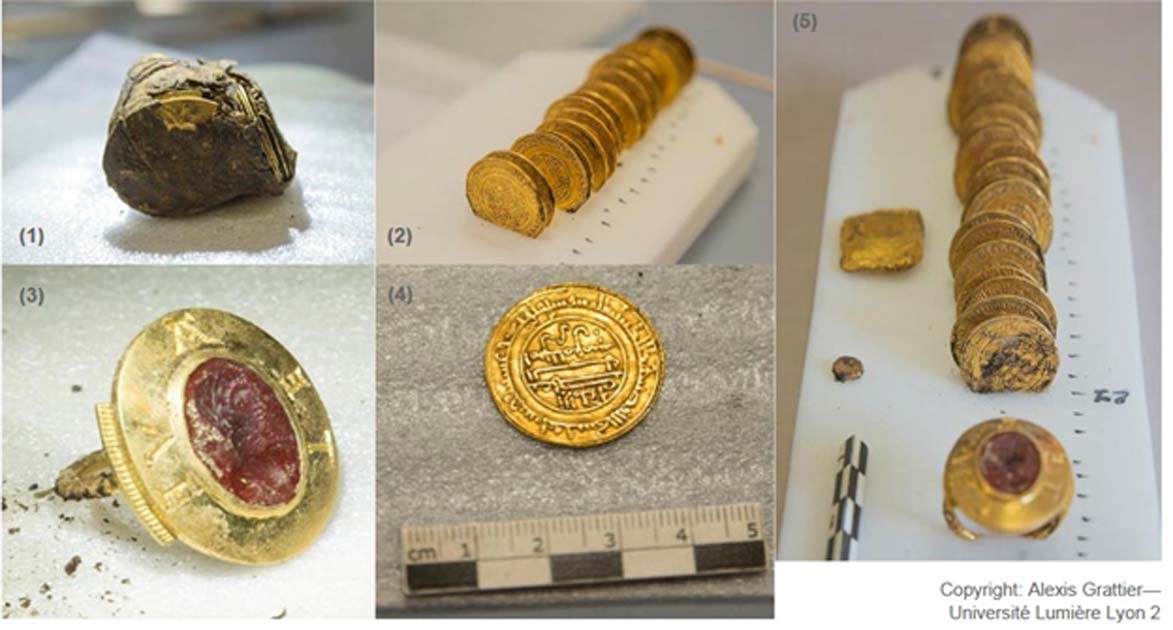 (1) Knotted tanned hide bundle before extraction of contents; (2) & (4) gold dinars; (3) signet ring with intaglio; (5) contents of knotted tanned hide bundle.