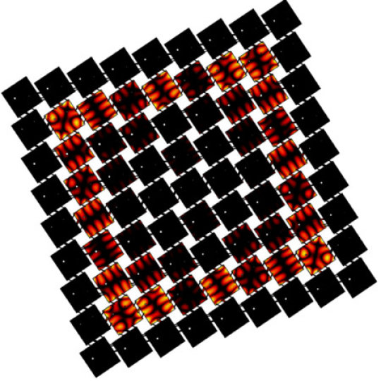 An illustration of a metamaterial designed by Daraio's team. Though each individual square is identical, their layout and the metamaterial's overall design cause waves to propagate in a specific pattern through the material, as indicated by the squares' d