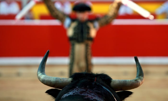 A bullfight in Pamplona during the San Fermín festival.