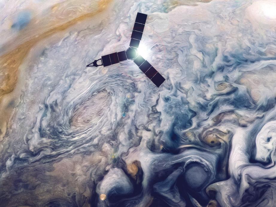 This illustration depicts Juno soaring over Jupiter's swirling cloud tops. Image credit: NASA /