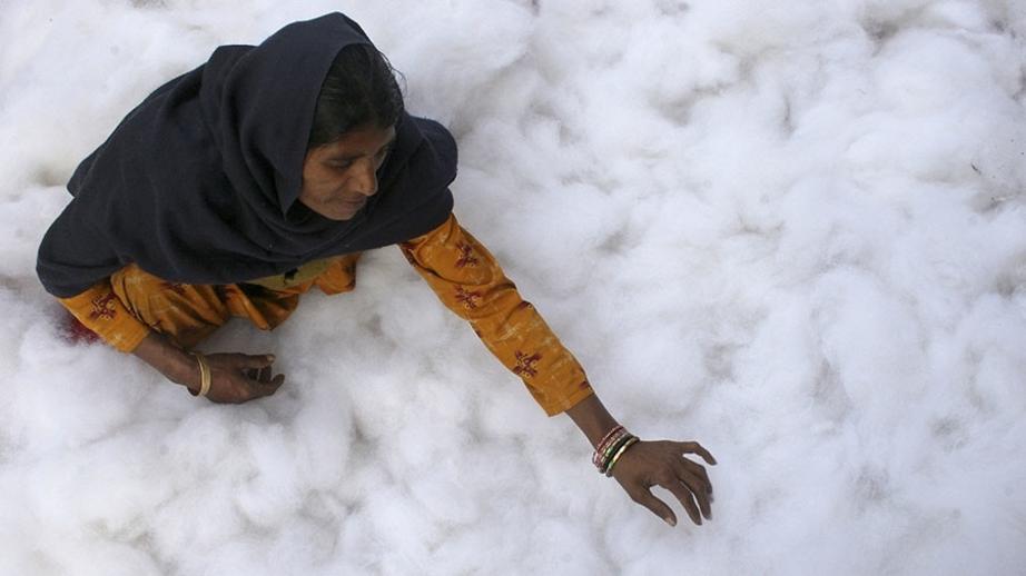A woman gathers cotton to make a quilt at a workshop in the northern Indian city of Chandigarh © Ajay Verma / Reuters