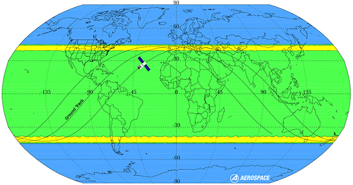 Green and yellow bands show Tiangong-1's orbit range. The chance of getting hit in the yellow band is about a million times smaller than winning Powerball.