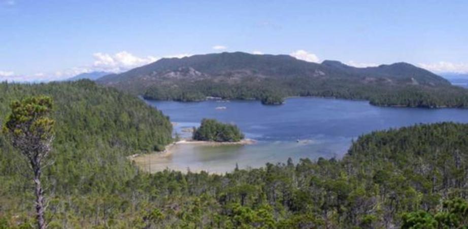 View across the beach with Calvert Island in the foreground and Hecate Island in the background.