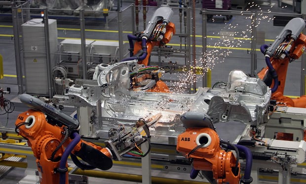 Robots on a production line. Jobs in the manufacturing industry and agriculture are most at risk from automation, according to the thinktank. Photograph: Steve Parsons/PA 