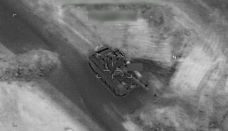 Russian tank operated by pro-Syrian regime forces viewed from US drone before it launched a strike in Feb 2018