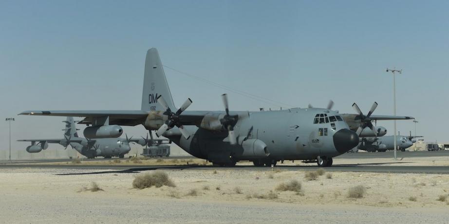 386th Air Expeditionary Wing Two EC-130 aircraft taxiing on the flightline at an undisclosed location in Southwest Asia, June 27, 2017.